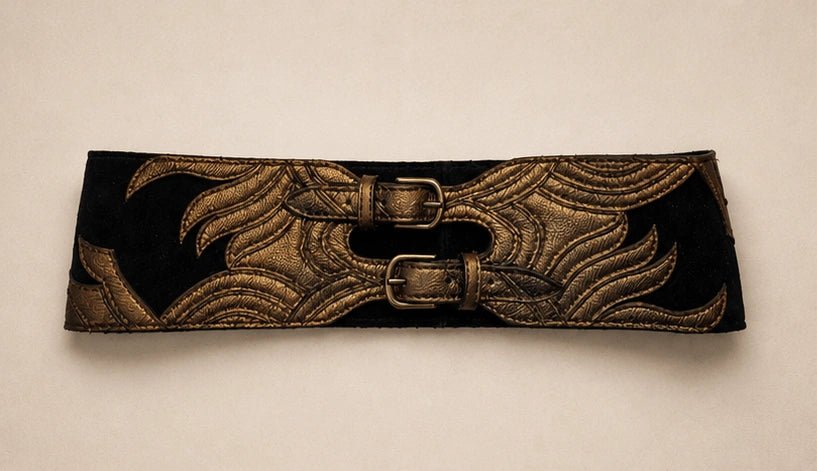 Black & Bronze Sculpted Leather Waist Belt - ELLY