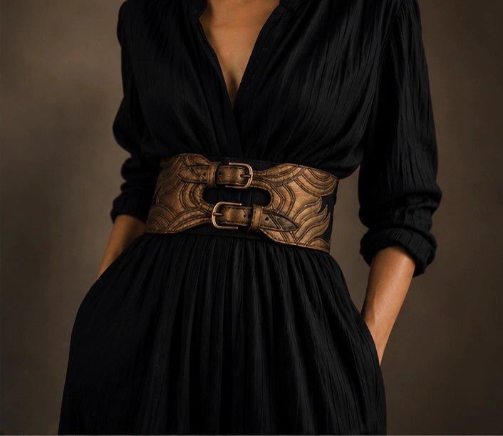 Black & Bronze Sculpted Leather Waist Belt - ELLY