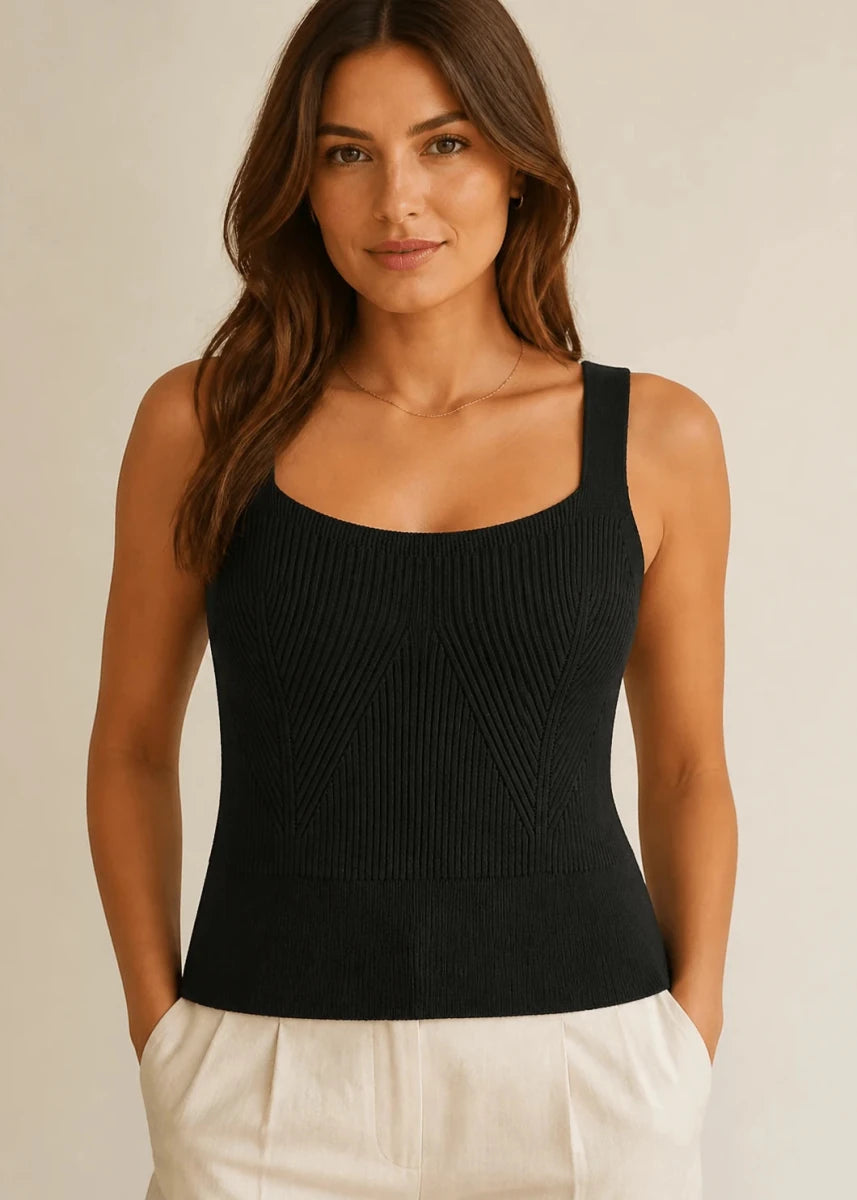 Black Chevron Ribbed Knit Square-Neck Top - ELLY