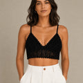 Front flat-lay view of the ELLY black crochet bralette top with triangular cups, slim straps, and a decorative openwork band.