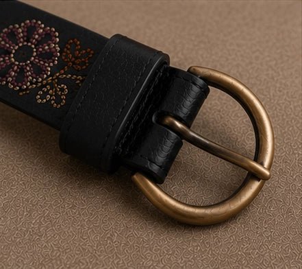 Black Leather Belt with Floral Embroidery - ELLY