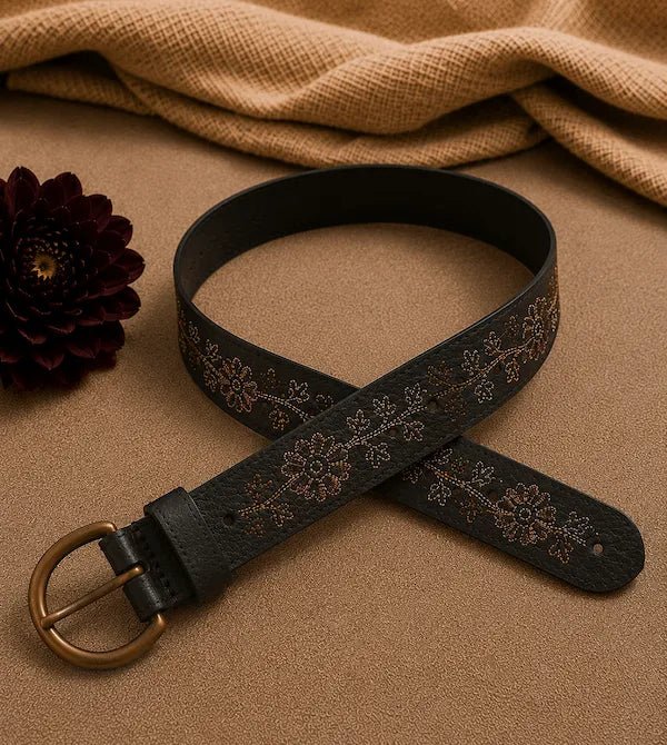 Black Leather Belt with Floral Embroidery - ELLY