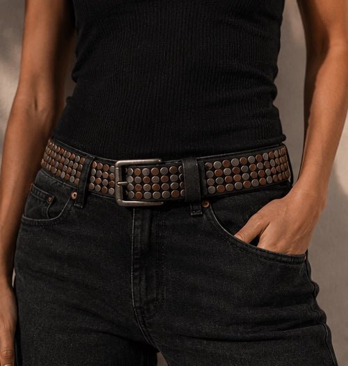 Black Leather Belt with Mixed Metal Stud Detailing - ELLY