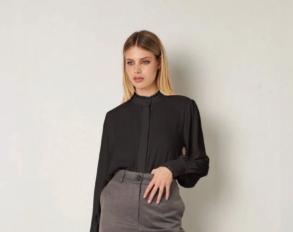 Black Scalloped Trims Shirt - ELLY
