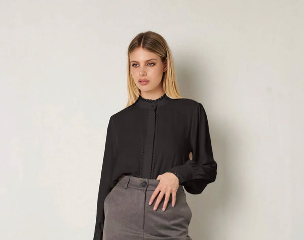 Black Scalloped Trims Shirt - ELLY