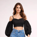 Black Stonewashed Linen Balloon Sleeve Top - ELLY