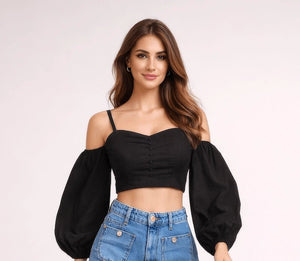 Black Stonewashed Linen Balloon Sleeve Top - ELLY