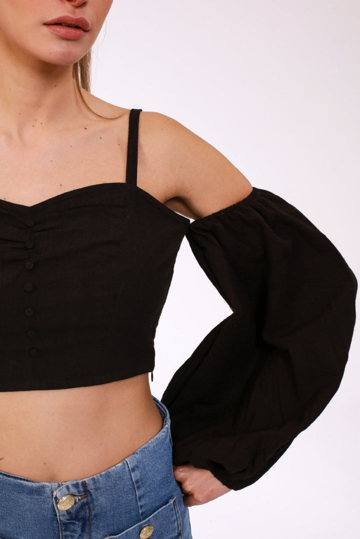 Black Stonewashed Linen Balloon Sleeve Top - ELLY