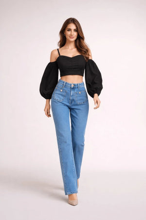 Black Stonewashed Linen Balloon Sleeve Top - ELLY