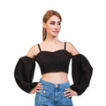 Black Stonewashed Linen Balloon Sleeve Top - ELLY