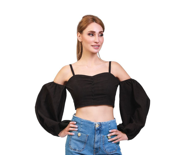 Black Stonewashed Linen Balloon Sleeve Top - ELLY