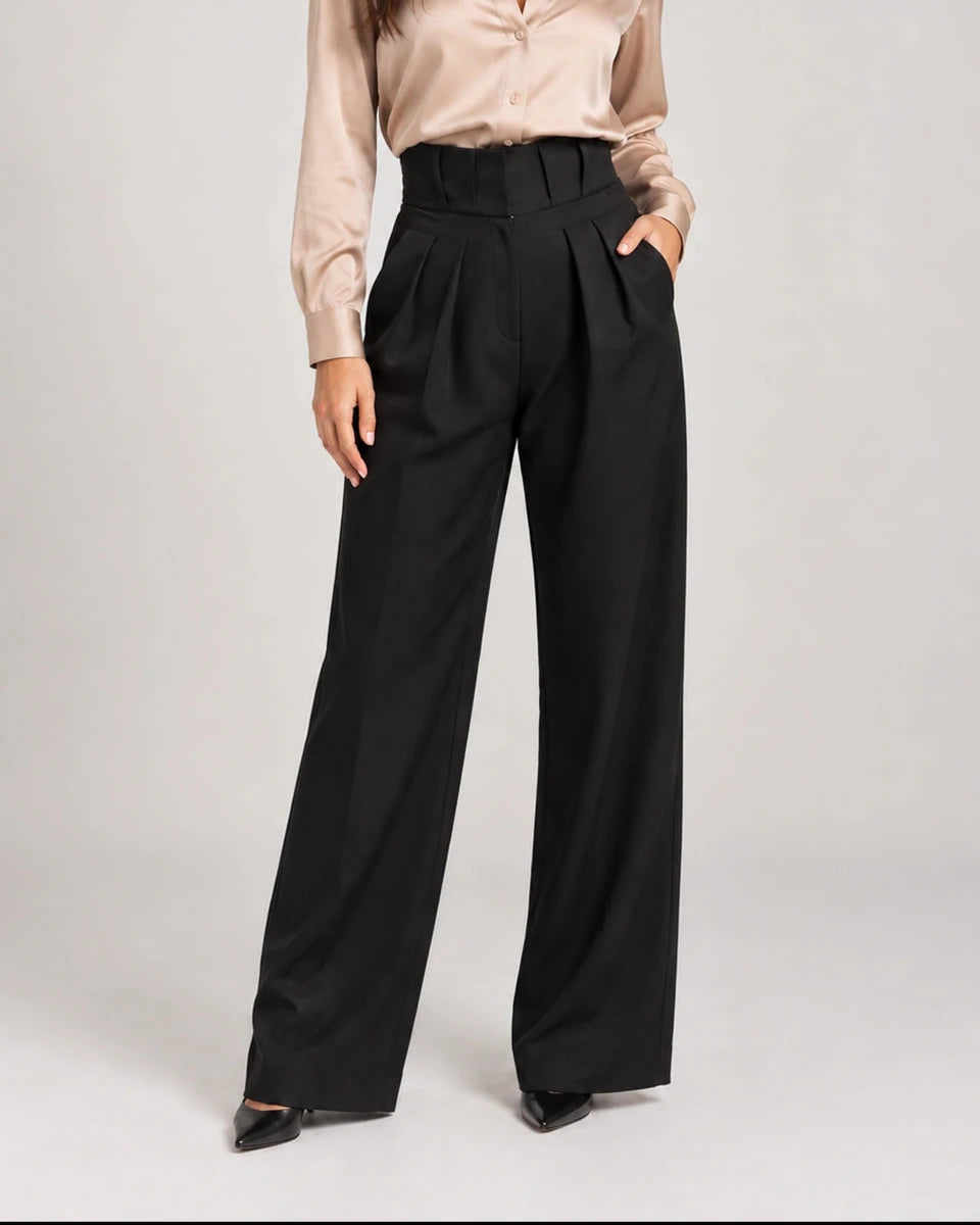 Black Wide-Leg Pleated Pants - ELLY