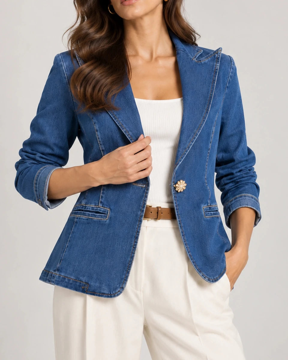 Close-up of a blue denim tailored blazer worn open over a white top.