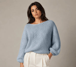 Blue Gray Oversized Knitted Sweater - ELLY
