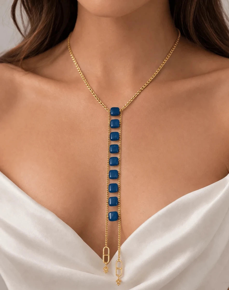 Blue Jade Gold - Plated Double Chain Necklace - ELLY