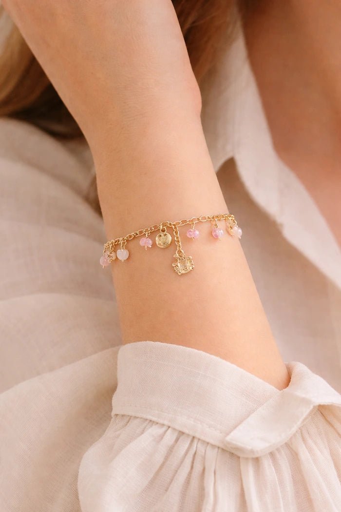 Blush Pink Double Bracelet Set with 18 Karat Gold - Plated Charms - ELLY
