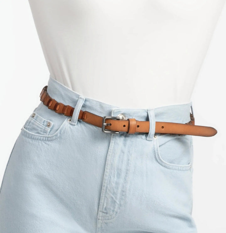 Braided Leather Belt in Cognac Brown - ELLY