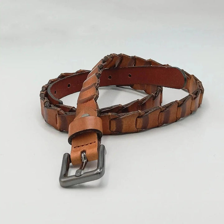 Braided Leather Belt in Cognac Brown - ELLY