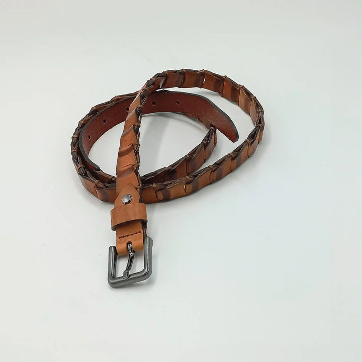 Braided Leather Belt in Cognac Brown - ELLY