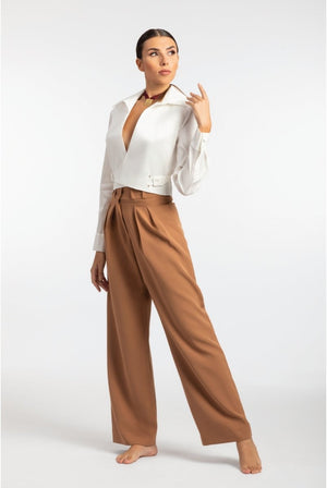 Brown Wide - Leg Pleated Pants - ELLY