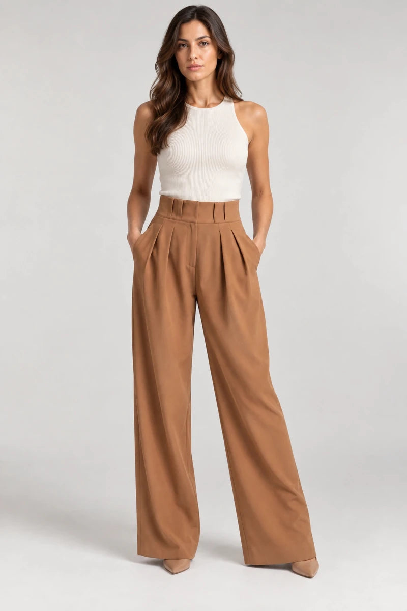 Brown Wide-Leg Pleated Pants - ELLY