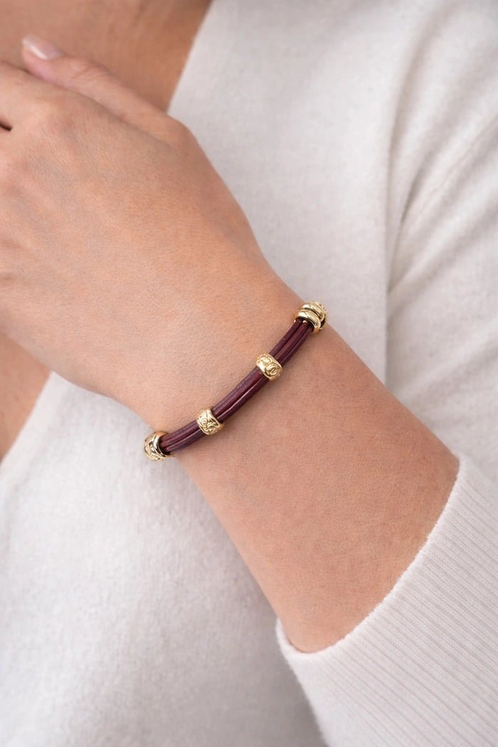 Burgundy Leather Gold Accent Bracelet - ELLY