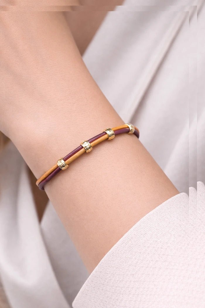 Burgundy & Mustard Leather Gold Accent Bracelet - ELLY