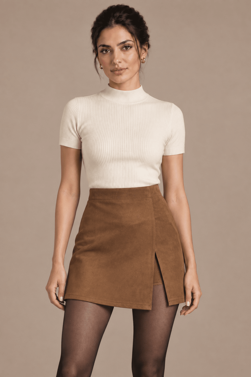 Camelia Asymmetric Mini Skirt in warm camel brown, model view emphasizing the asymmetric wrap-effect front and short hemline