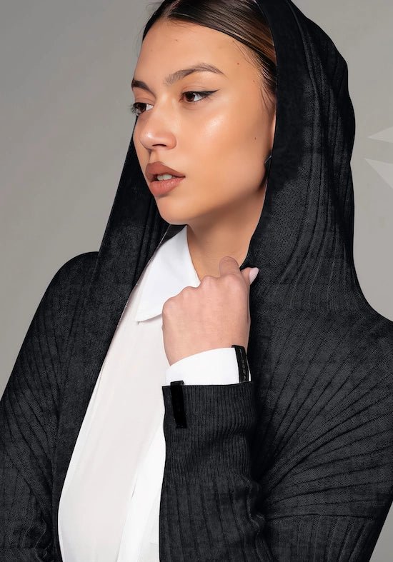 Cardigan lungo con cappuccio a coste nero - ELLY