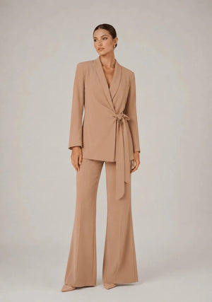 Charmé Beige Tie - Front Blazer & Flared Pants Set - ELLY