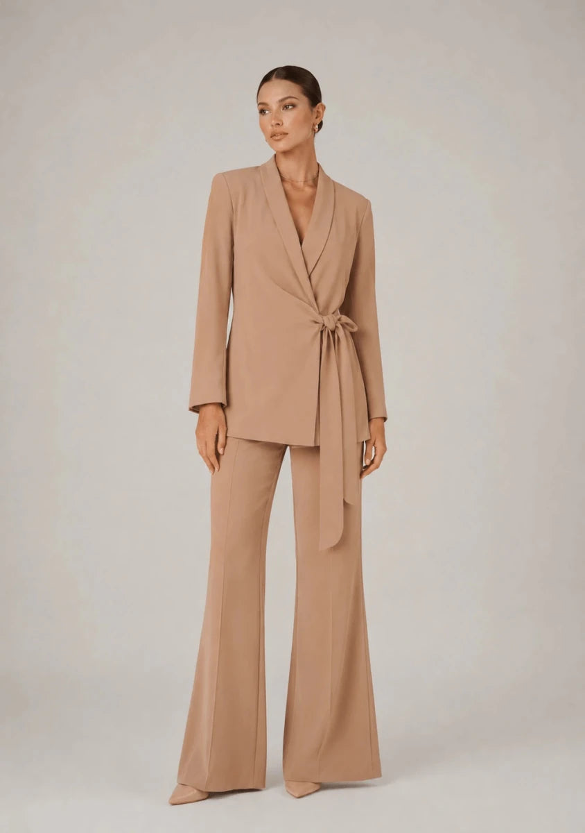 Charmé Beige Tie - Front Blazer & Flared Pants Set - ELLY