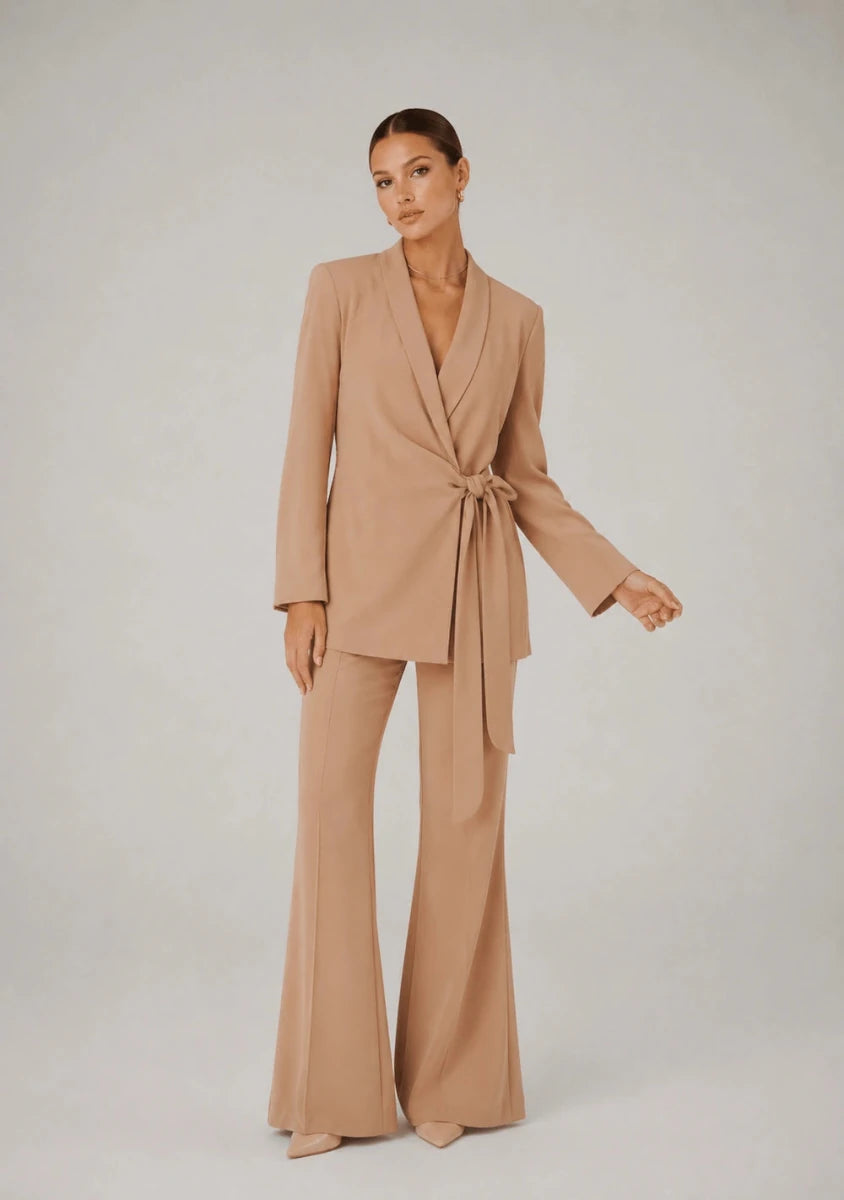 Charmé Beige Tie - Front Blazer & Flared Pants Set - ELLY