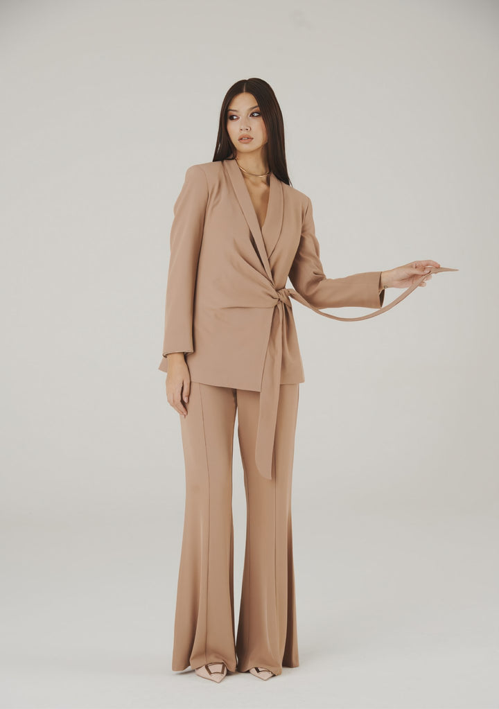 Charmé Italian-Made Tie-Front Blazer & Flared Pants Set (Beige) - ELLY