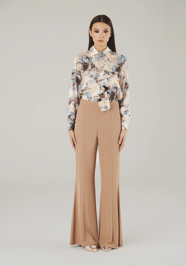 Charmé Italian - Made Tie - Front Blazer & Flared Pants Set (Beige) - ELLY