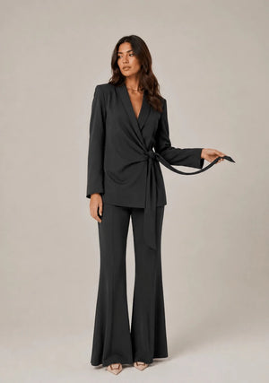 Charmé Nero Tie - Front Blazer & Flared Pants Set - ELLY