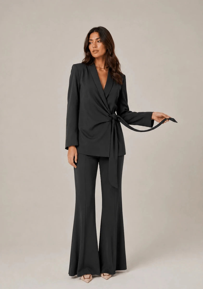 Charmé Nero Tie - Front Blazer & Flared Pants Set - ELLY