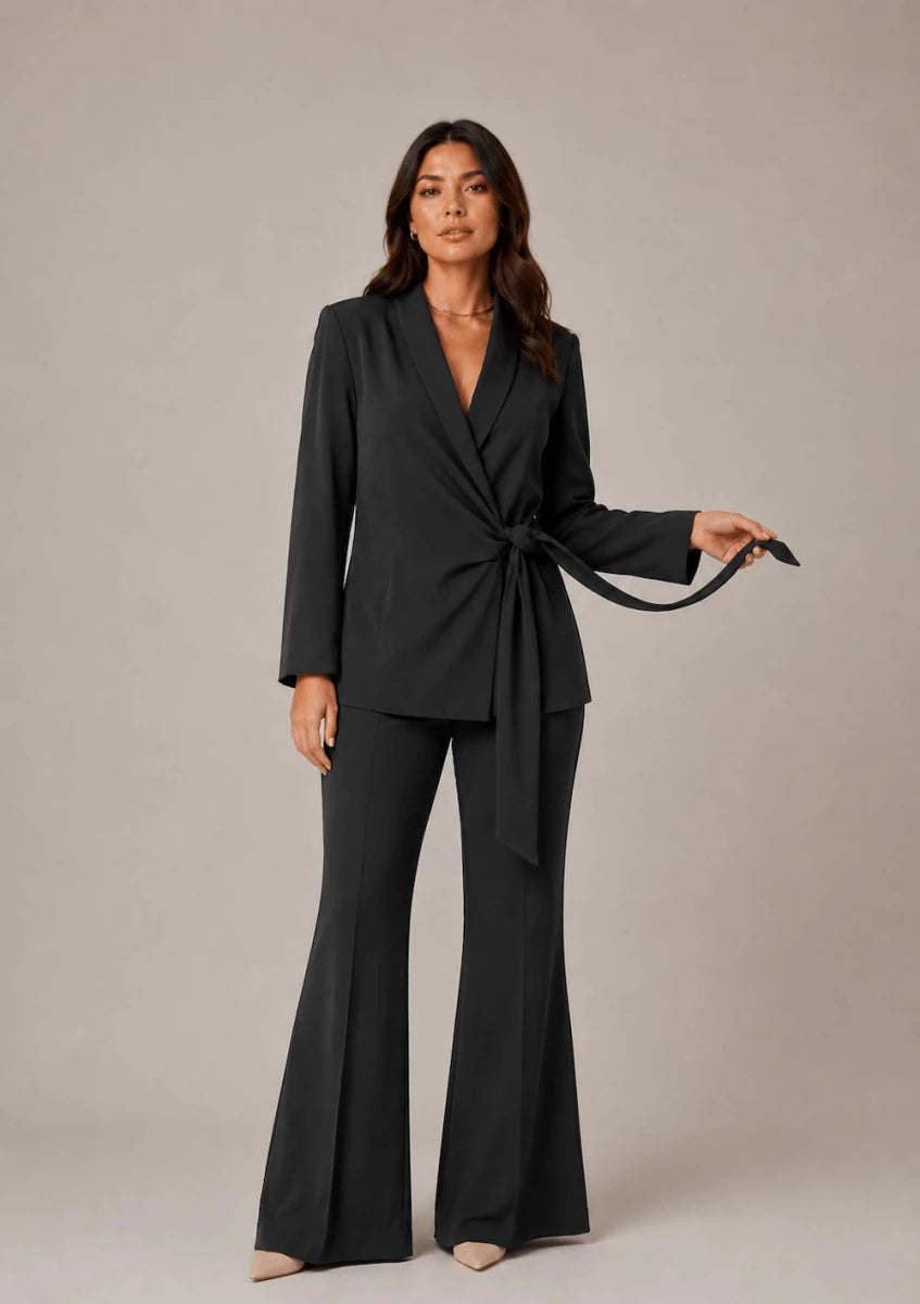 Charmé Nero Tie - Front Blazer & Flared Pants Set - ELLY