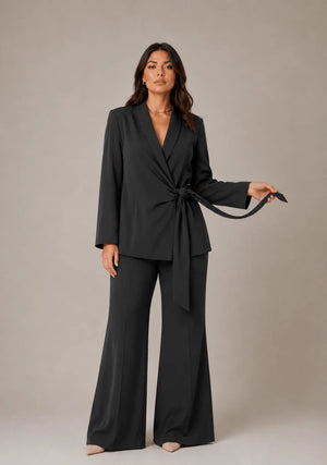 Charmé Nero Tie - Front Blazer & Flared Pants Set - ELLY
