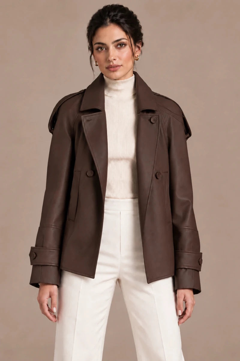 Front view of the brown Clara Moro jacket worn open over an ivory top and trousers.