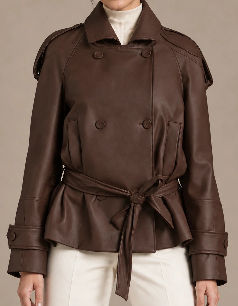 Close-up of the brown Clara Moro jacket showing the tied waist belt, double-breasted buttons and shoulder details.
