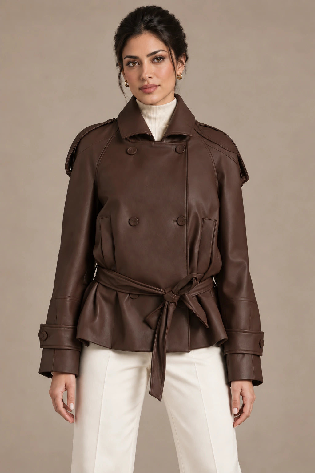 Front view of the brown Clara Moro jacket worn belted over an ivory top and trousers.