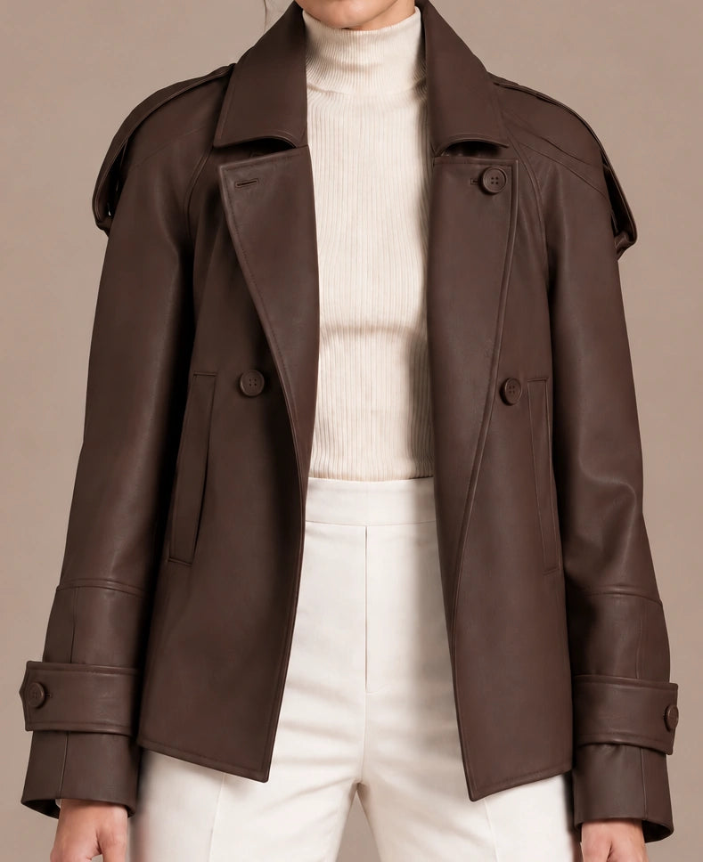Close-up of the brown Clara Moro jacket worn open, showing its collar, buttons and sleeve straps.