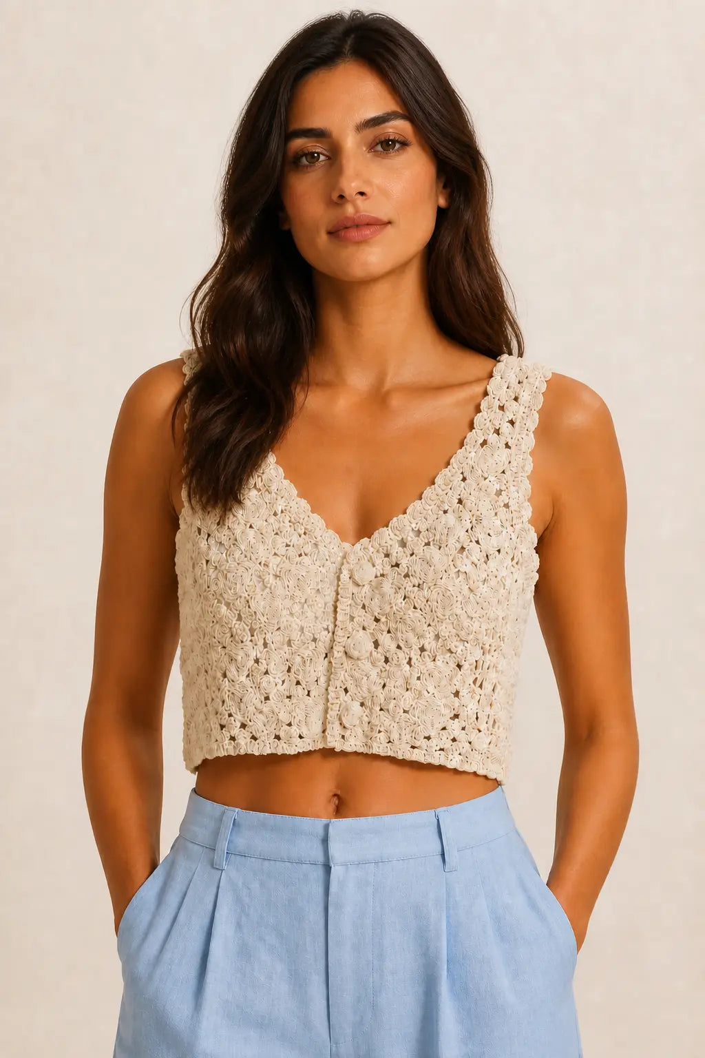 Ivory Floral Crochet Crop Top