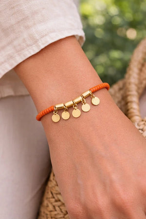 Coral Orange Beaded Bracelet with 18 Karat Gold - Plated Coin Charms - ELLY