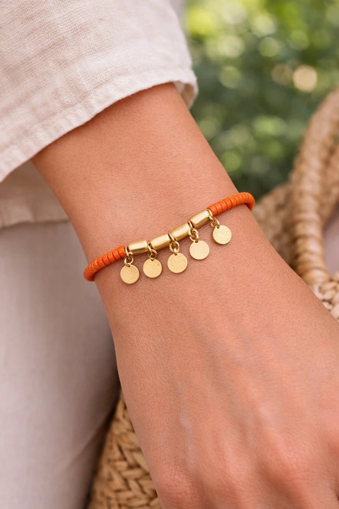 Coral Orange Beaded Bracelet with 18 Karat Gold - Plated Coin Charms - ELLY