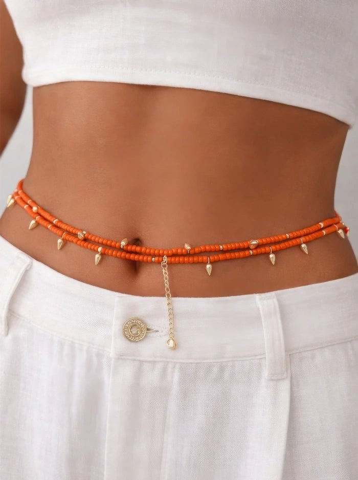 Coral Orange Beaded Convertible Necklace, Bracelet & Belt with Gold Charms - ELLY