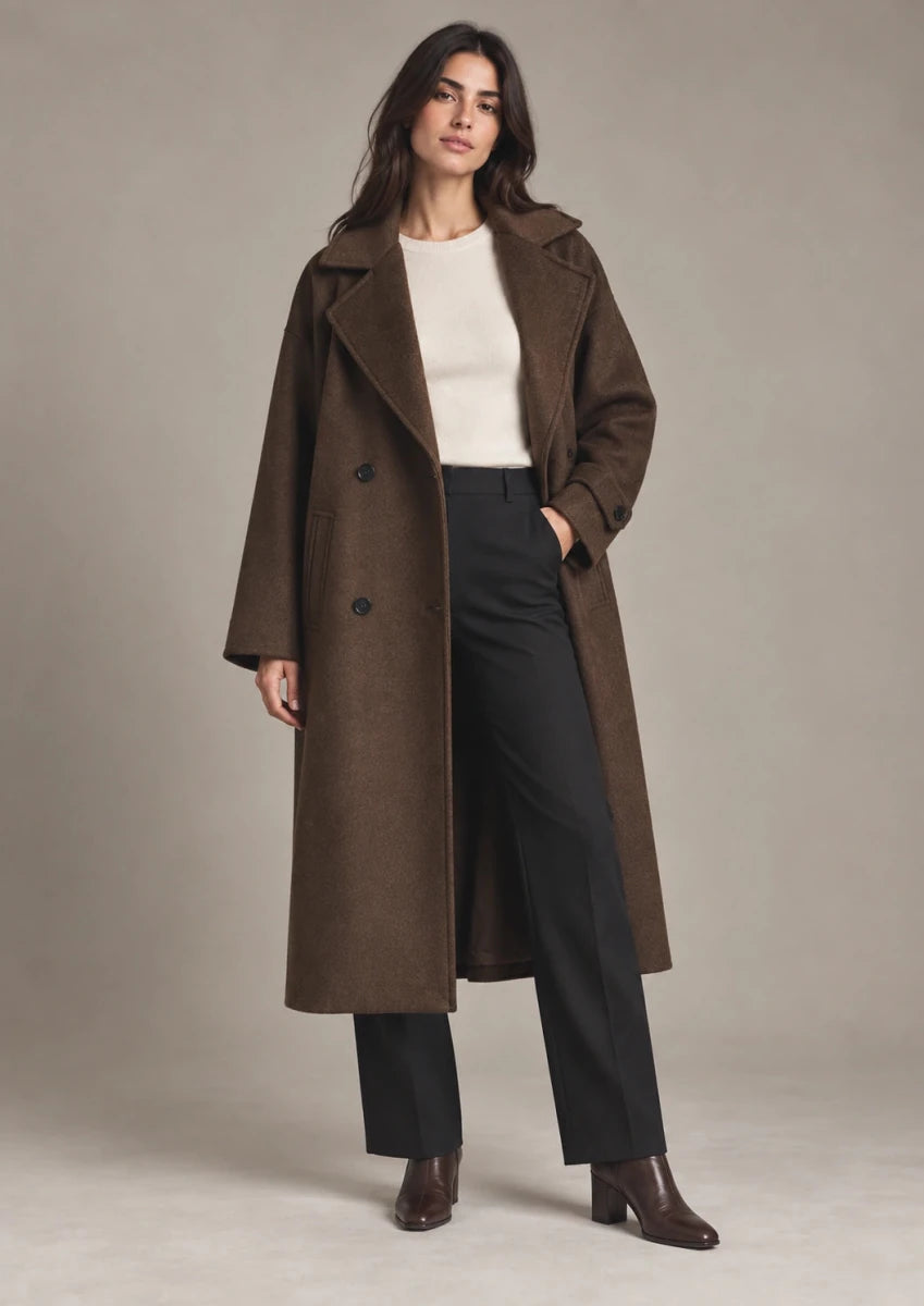 Dalila Moro Long Tailored Coat in Moro, full-length view on model showing the upper garment silhouette