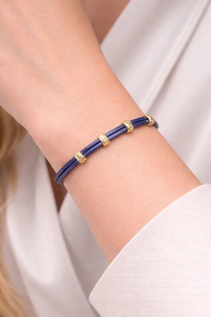 Deep Blue Leather & Gold Accent Bracelet - ELLY