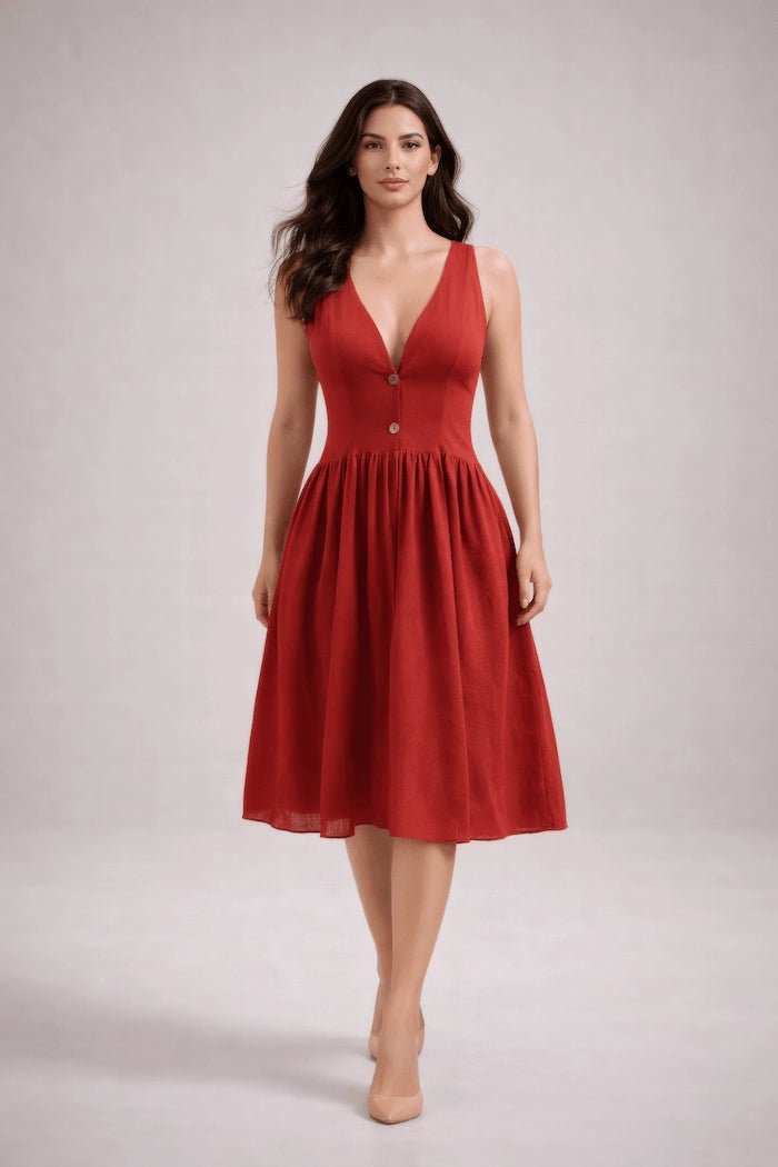 Deep Red Cotton Slub Midi Dress – ELLY - ELLY