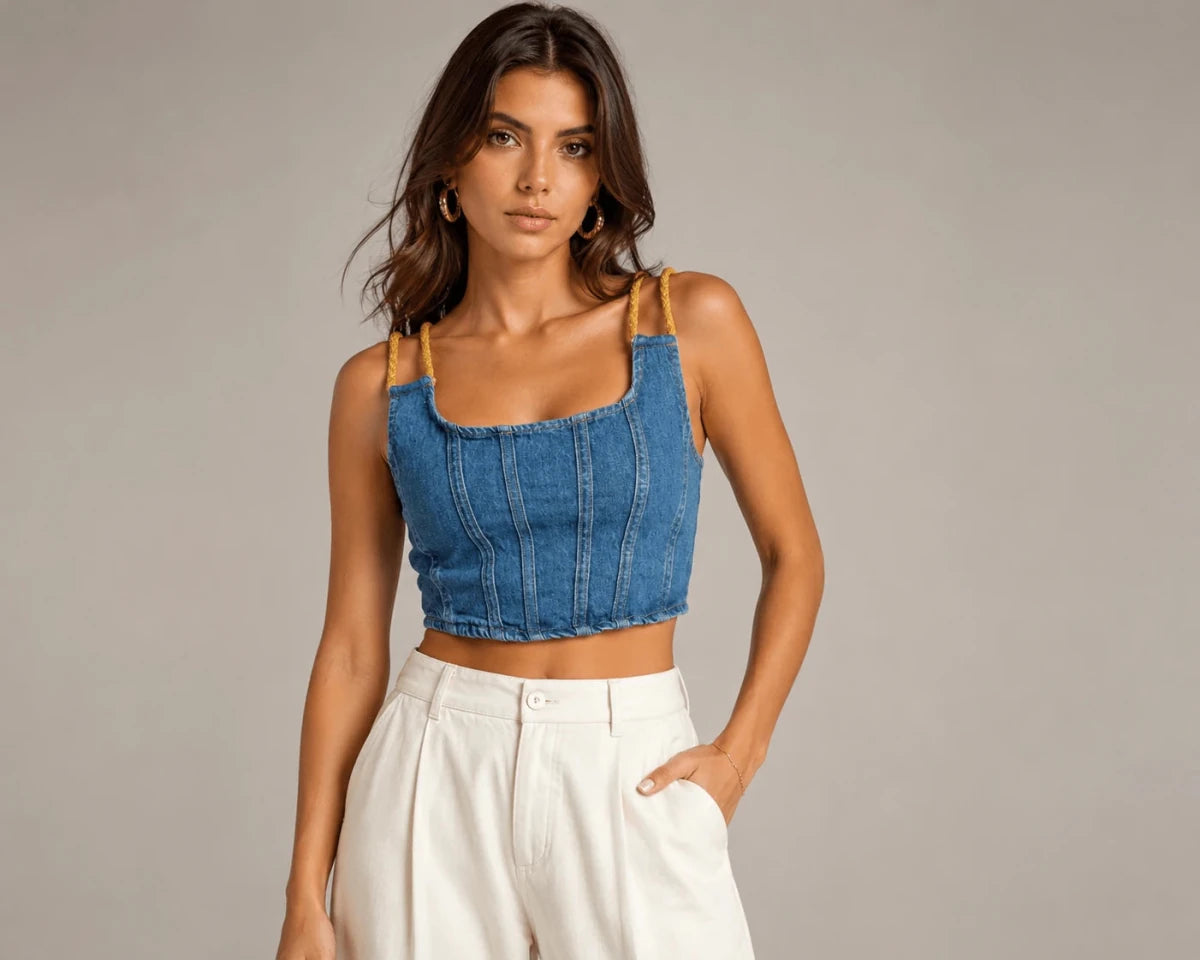 Denim Top with Gold Straps - ELLY